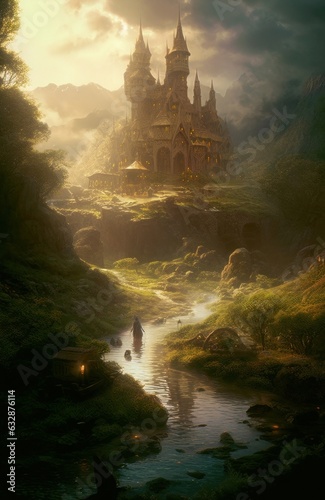 Concept art illustration of hobbit in fantasy world, Generative AI