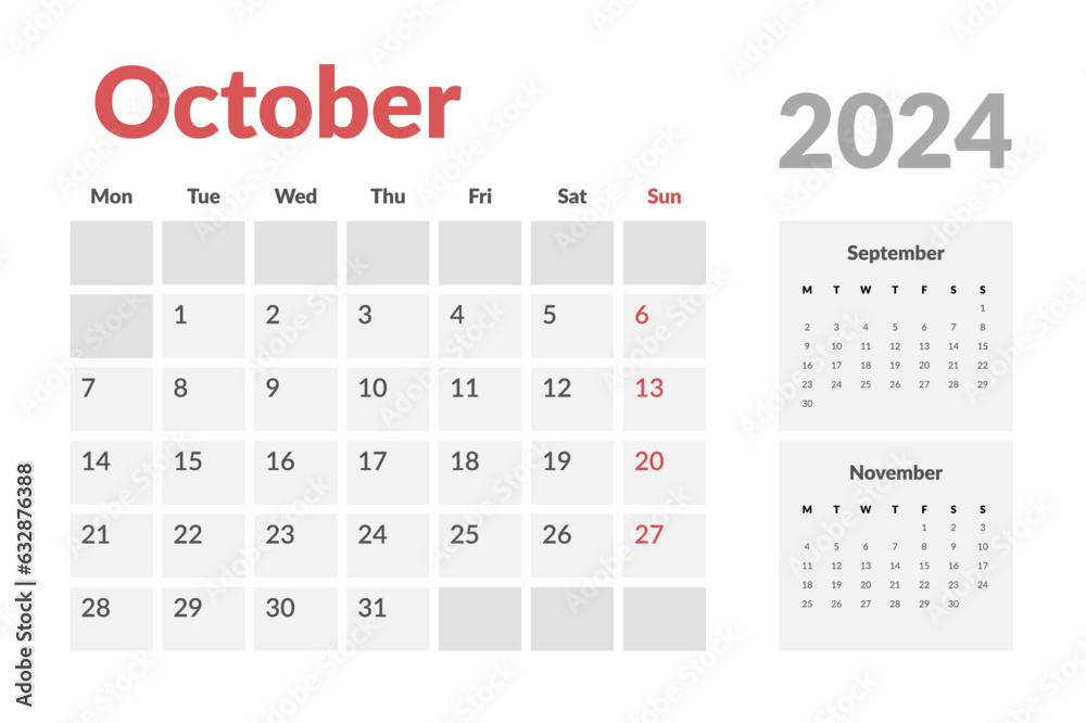 Calendar Template of october 2024. Vector layout simple calendar with week start Monday.