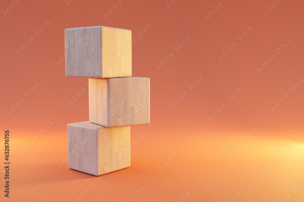 wooden stack of three cubes on infinite background; pedestal for beauty, cosmetic product presentation. copy space template, 3D Illustration wooden stack of three cubes on infinite background; pedestal for beauty, cosmetic product presentation. copy space template, 3D Illustration