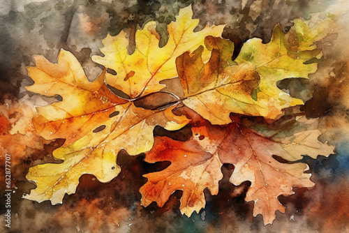 Majestic oak tree leaves changing colors in autumn, Leaves Watercolor, 