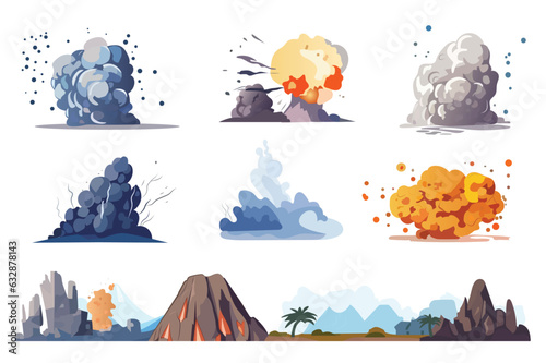 Set of volcanoes in the cartoon style. An immersive illustration capturing a set of erupting volcanoes against a dramatic backdrop. Vector illustration.