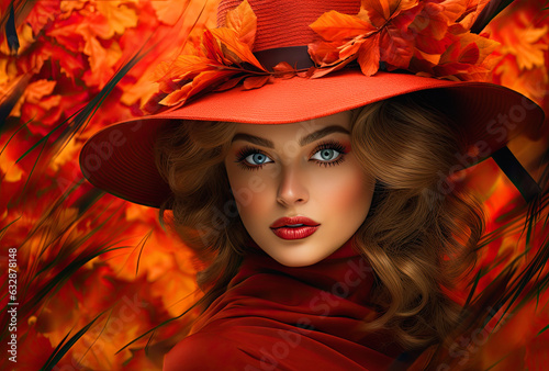 autumn concept, woman portrait, beauty with fall leaves makeup