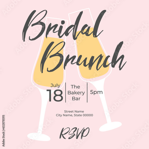 Invitational bridal brunch with glasses of champagne. Bachelorette party invitation template. Vector illustration. Bubble brunch.