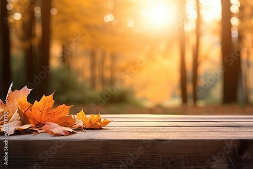 Orange Leaves And Wooden Plank At Sunset In Forest