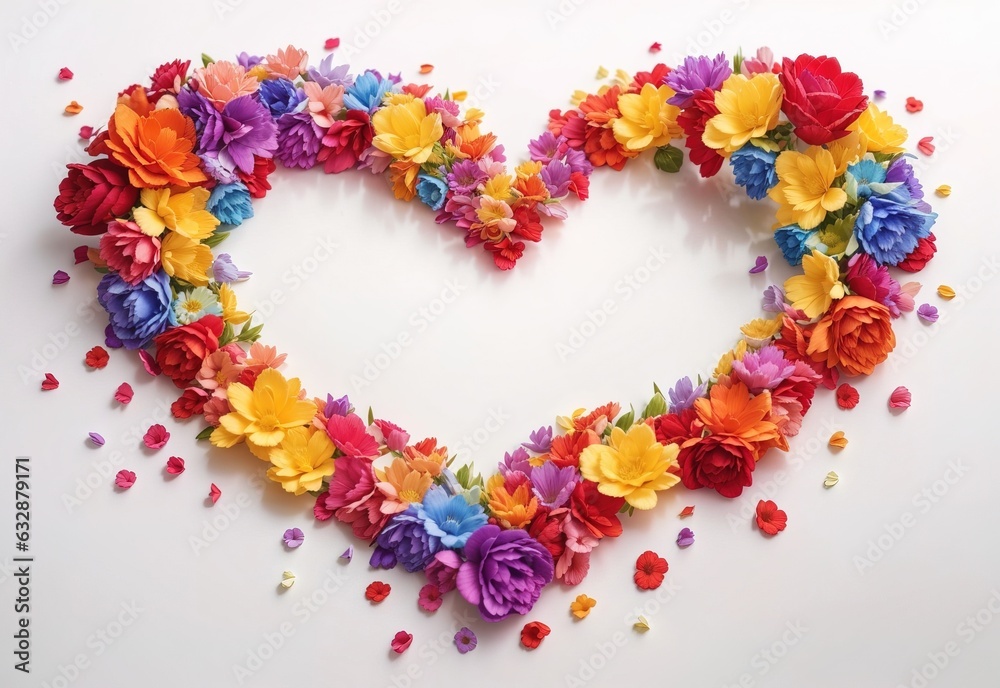 Rainbow color heart made of flowers isolated on white background