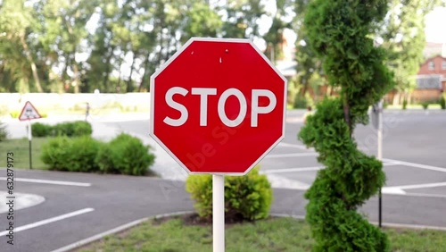 traffic stop sign in the school yard close-up