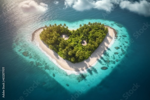 Concept art illustration of beautiful tropical island in the shape of heart, Generative AI