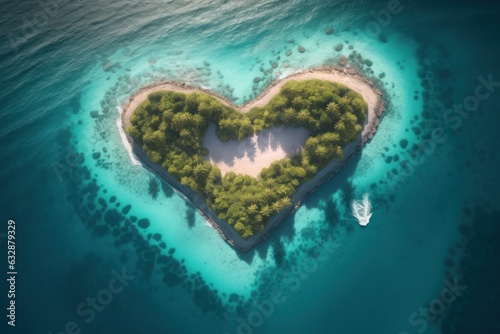Concept art illustration of beautiful tropical island in the shape of heart, Generative AI © FrameFlow