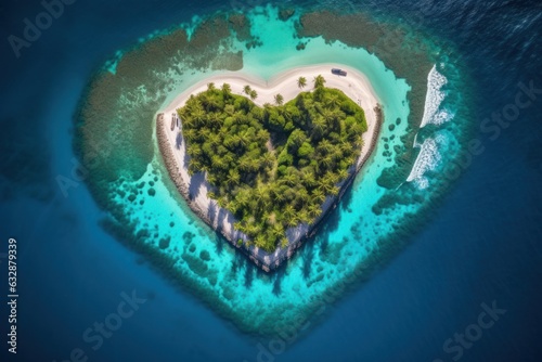 Concept art illustration of beautiful tropical island in the shape of heart, Generative AI © FrameFlow