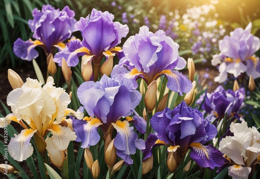 Iris flowers in the garden in morning light. Beautiful floral background for greeting card