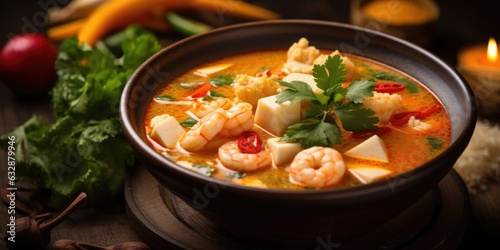 Delicious tom yum soup dish in Thailand restaurant. Generative AI photo