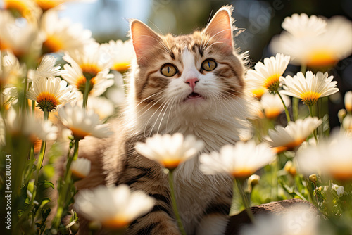 Cat in the white flowers around