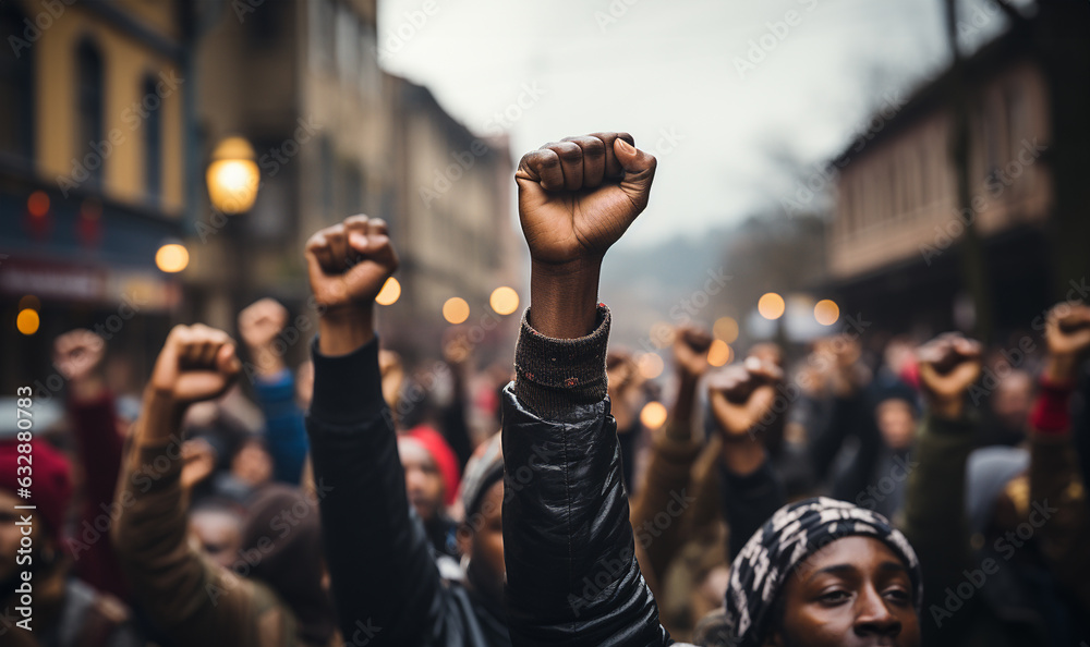 BLM raised fist for anti-racism protest against racial inequality. Black lives matter demonstration.Arms and fists raised in the air, protest and demonstration concept. copy space