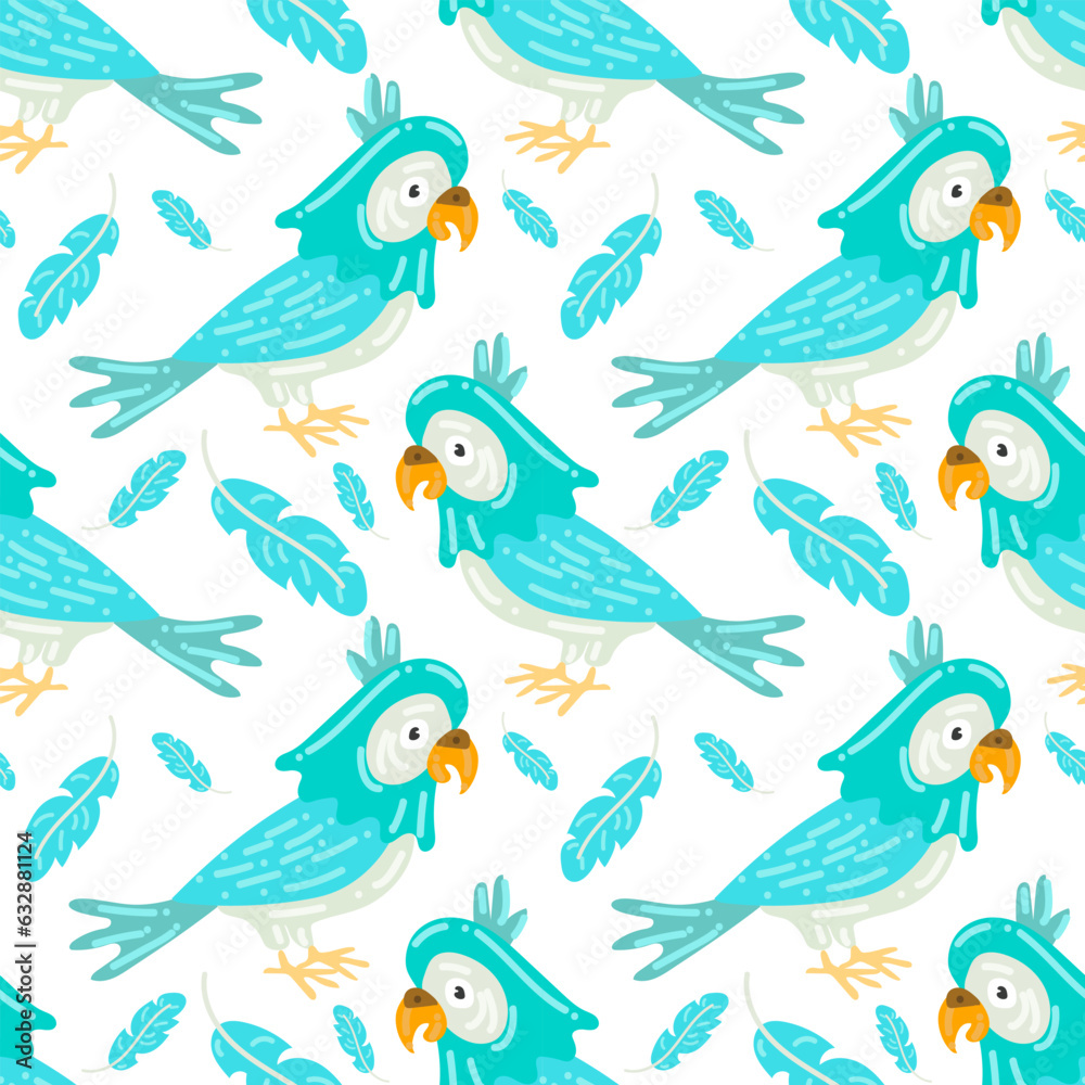Naklejka premium Cartoon Macaw parrot is a seamless colorful vector pattern. Pastel background, tropical, blue parrot with feathers on a white background. Printing on textiles and paper