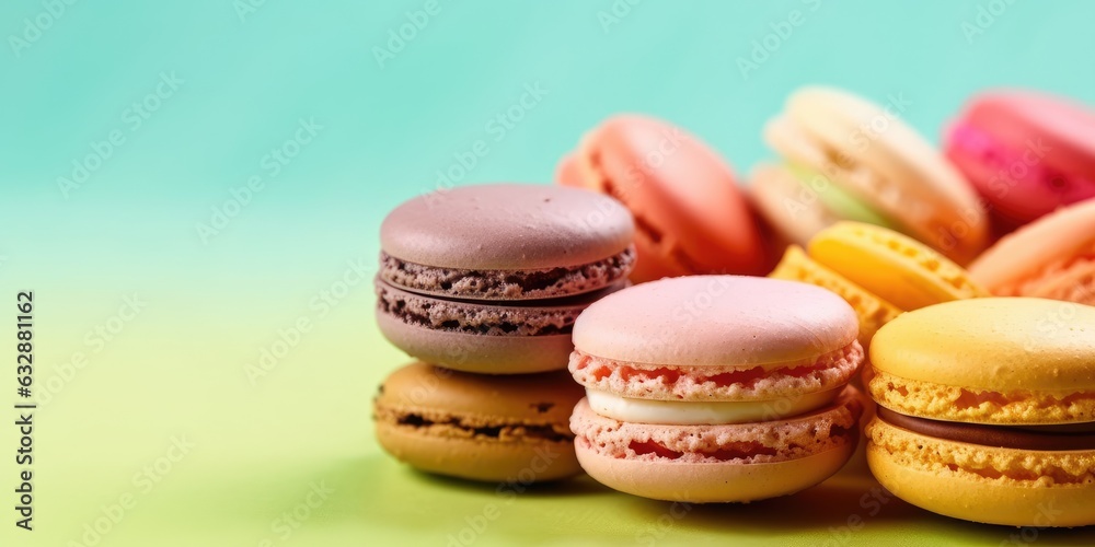 Macaron on a pastel background. Banner. Place for text. Generative AI