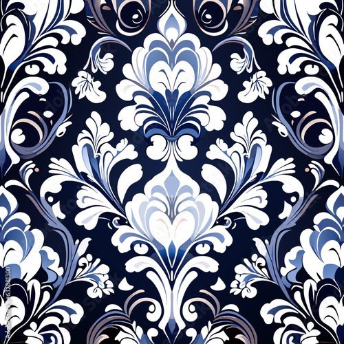Seamless damask pattern. Vector illustration. Blue and white