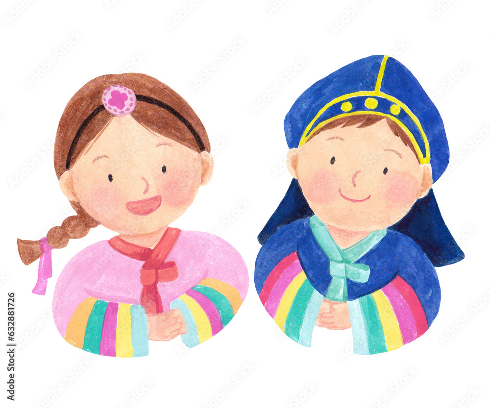 Children wearing hanbok (traditional Korean costume) watercolor hand