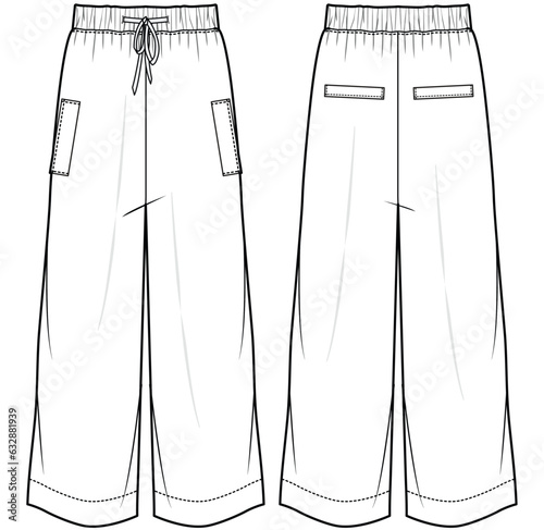 mens drawstring elastic waist wide leg baggy trouser flat sketch vector illustration front and back view loose fit pant technical cad drawing template photo