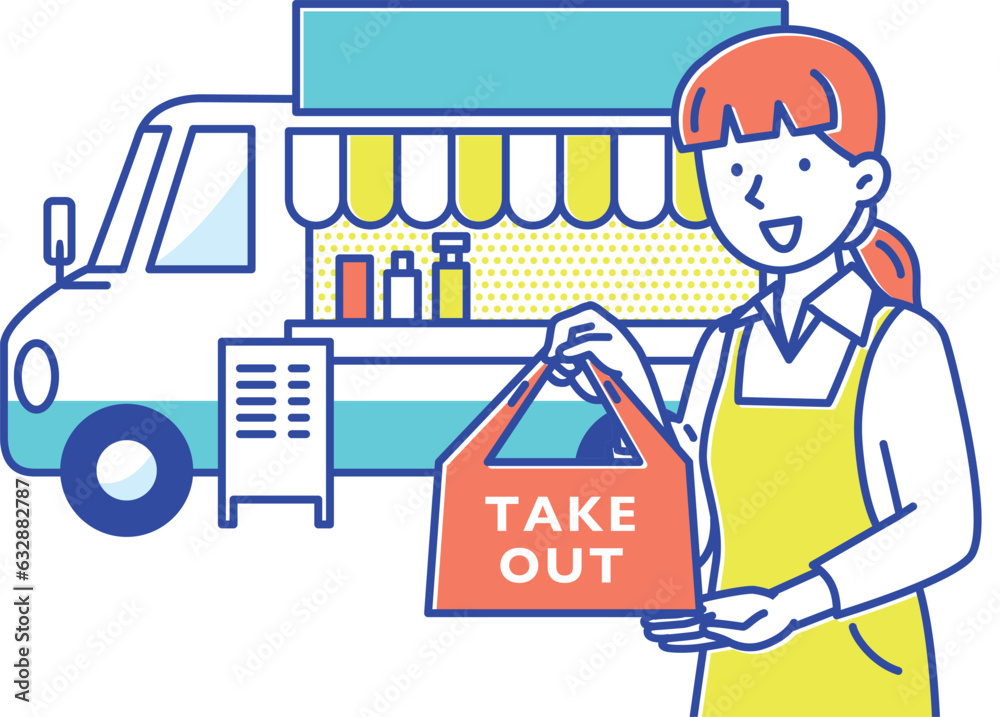 キッチンカーで移動販売する若い女性 キッチンカーで移動販売する若い女性