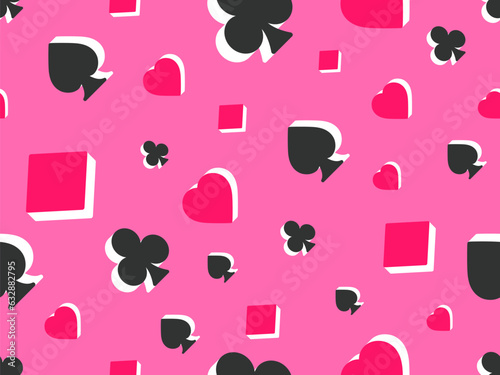 Seamless pattern with card suits: diamonds, hearts, clubs, spades in 3d style. Isometric 3d card suit symbols on pink background. Design of printing, advertising and banners. Vector illustration