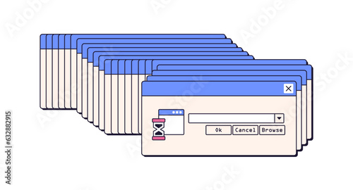 Dialog windows, error on crashed froze computer. 00s retro virus, problem, bug with repeated endless popups, system notifications. Flat graphic vector illustration isolated on white background