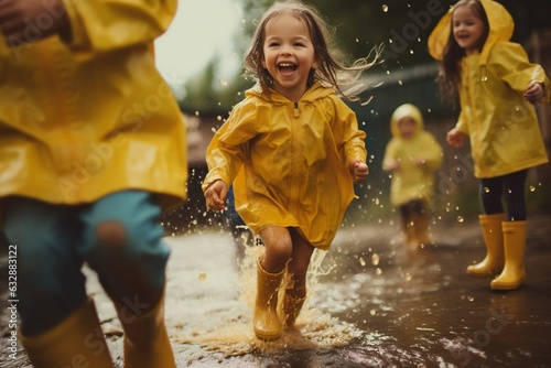 Energetic Kids in Rain Yellow Boots Jumping, Generative Ai