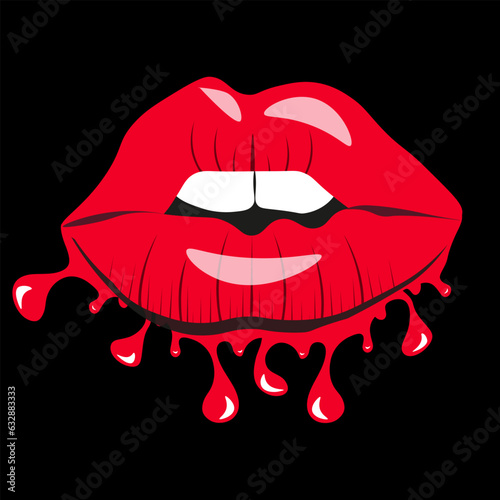Style fashion Blood red Lips with trendy flowing texture. Creepy Halloween concept. Design for T-shirt print isolated on black background. Vector illustration.