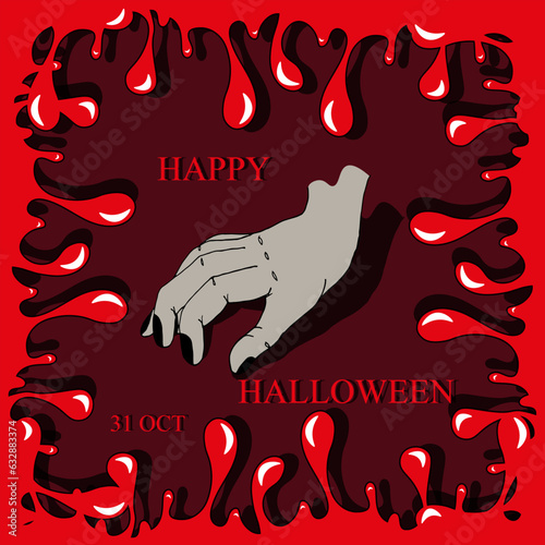 Template design of Halloween banner cover with Trendy Flowing blood texture and dead hand Thing. Invitation on trick or treat pary. Creepy Halloween concept. Vector illustration.