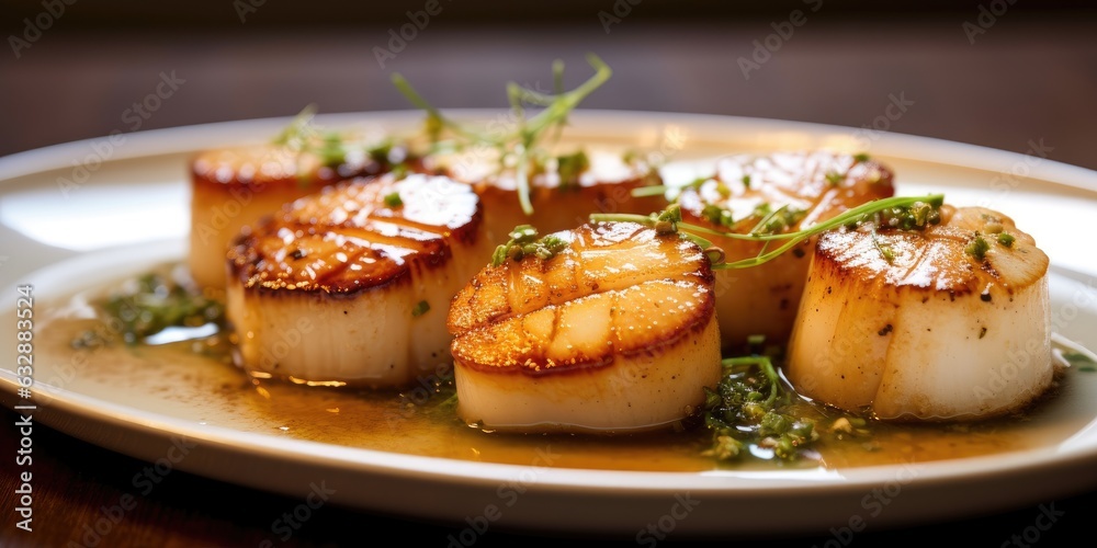 Gourmet sea scallops in a restaurant close-up. Seafood. Generative AI