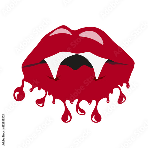 Style fashion Blood red Lips with trendy flowing texture and vampire fangs. Creepy Halloween concept. Design for T-shirt print isolated on екфтызфкуте background. Vector illustration.