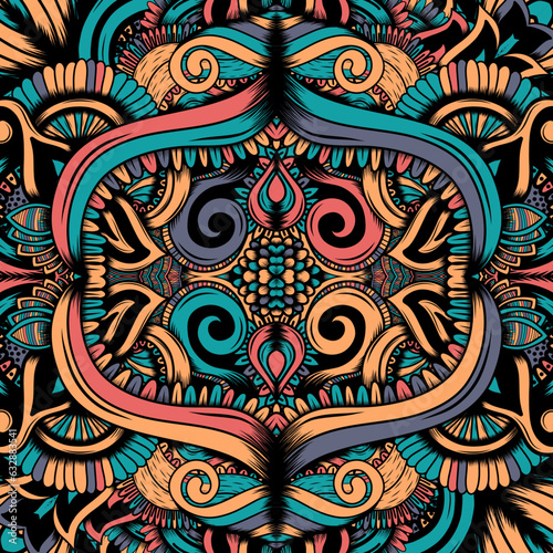 hand drawn seamless calming pattern. Mehendi design. Neat even colorful harmonious doodle texture.