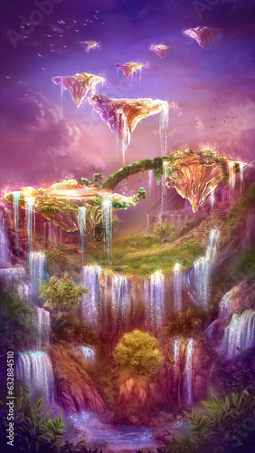 The magical islands. Fantastic fairy tale background  digital art. Illustration of a mountain dawn landscape with waterfalls  birds and flying islands. 