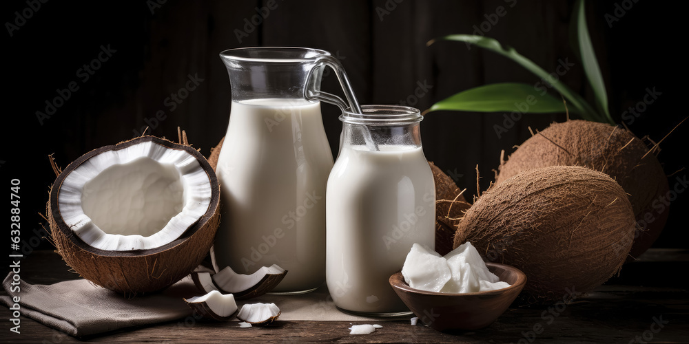 Coconut milk on a wooden background. Coconut milk in a glass bottle , Healthy food , Created with Generative Ai Technology Coconut milk on a wooden background. Coconut milk in a glass bottle , Healthy food , Created with Generative Ai Technology