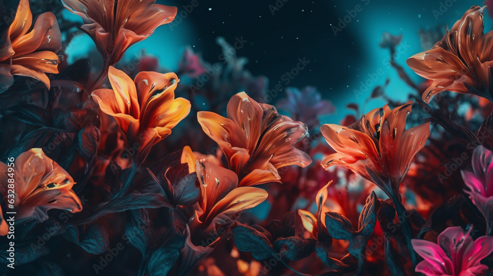 Futuristic flowers wallpaper, neon glow blossoms background with flowers in AI generative