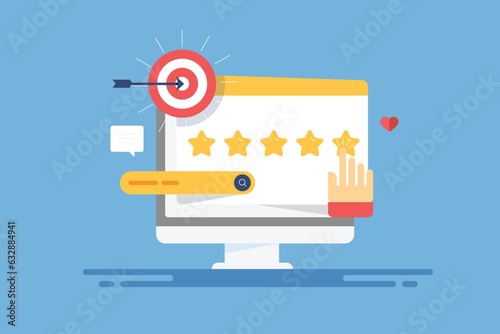 Customer feedback online survey, hand pressing five star rating and online audience targeting vector illustration web banner.