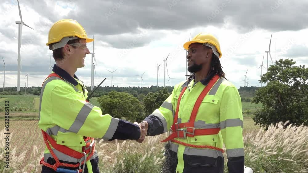 Technicians at construction site of wind turbine checking and maintenance Electricity wind generator. Technicians at construction site of wind turbine checking and maintenance Electricity wind generator.