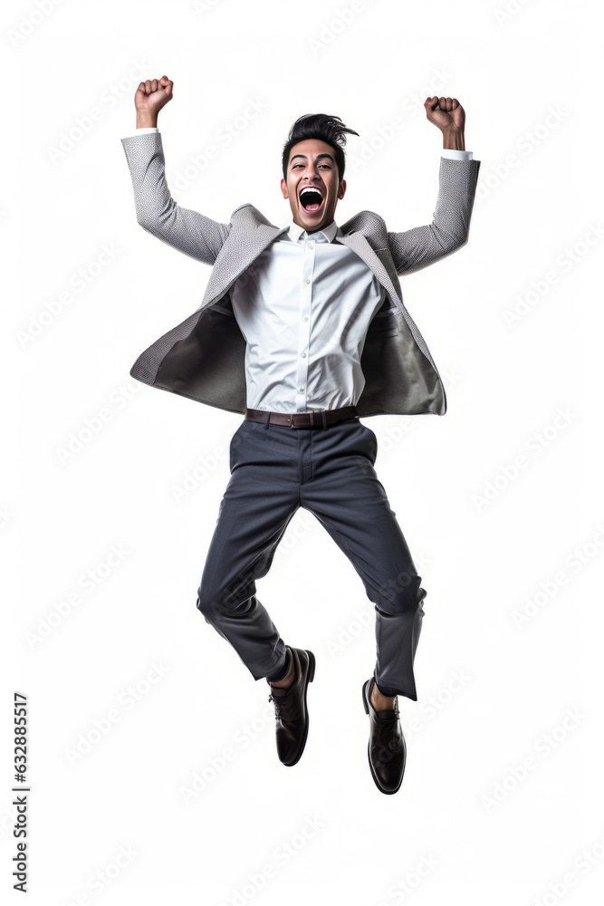 Businessman jumping and shouting over isolated white background, full length portrait