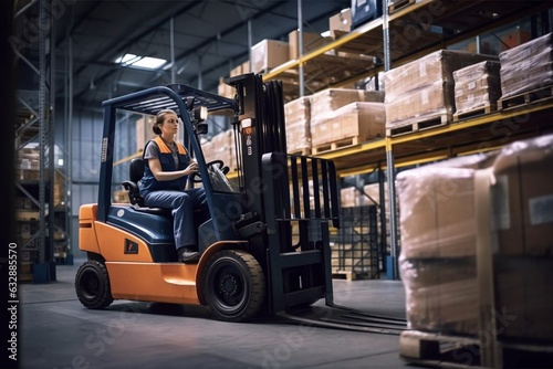 Portrait of a woman in uniform working with a forklift in a warehouse. Generative AI © Yaroslav Astakhov