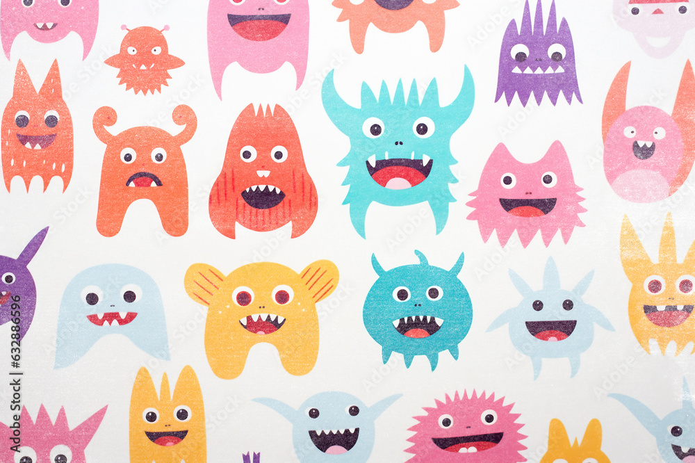 Abstract colorful monster pattern with risograph print texture, minimalism, retro style background for children´s illustrations and designs . Abstract colorful monster pattern with risograph print texture, minimalism, retro style background for children´s illustrations and designs .