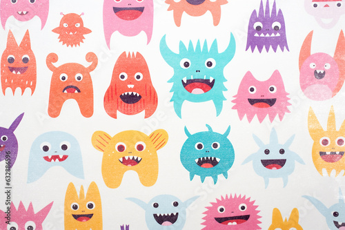 Abstract colorful monster pattern with risograph print texture, minimalism, retro style background for children´s illustrations and designs . 
