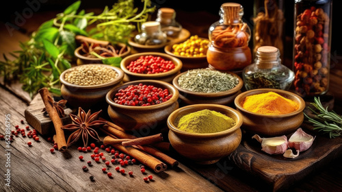 Set of Spices and herbs for cooking. Small bowls with colorful seasonings and spices, basil, pepper, saffron, salt, paprika, turmeric on rustic wooden plank table background. Generative Ai © tong2530