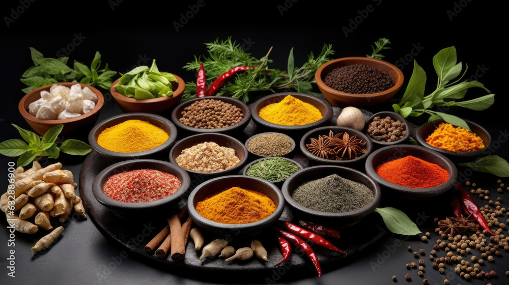 Set of Spices and herbs for cooking. Small bowls with colorful seasonings and spices, basil, pepper, saffron, salt, paprika, turmeric on rustic wooden plank table background. Generative Ai Set of Spices and herbs for cooking. Small bowls with colorful seasonings and spices, basil, pepper, saffron, salt, paprika, turmeric on rustic wooden plank table background. Generative Ai