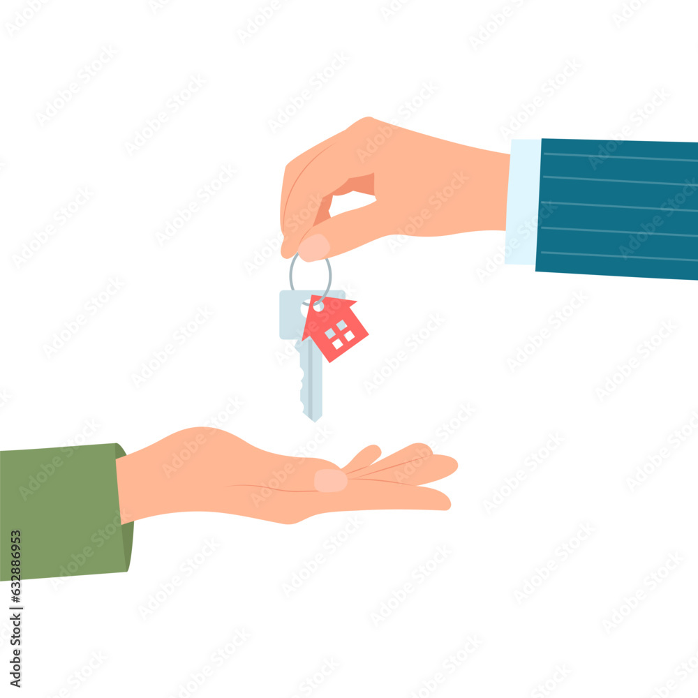 Fototapeta premium A hand giving the keys to the house to another hand. Sale or rent of apartment. Buying a house.Vector illustration