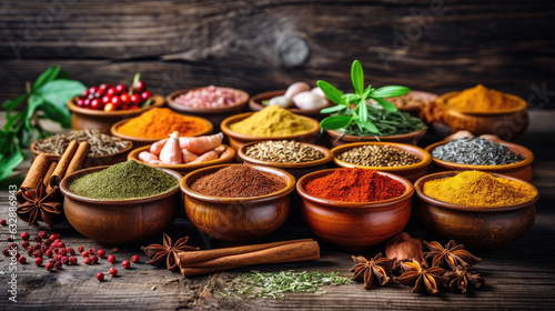 Set of Spices and herbs for cooking. Small bowls with colorful seasonings and spices, basil, pepper, saffron, salt, paprika, turmeric on rustic wooden plank table background. Generative Ai