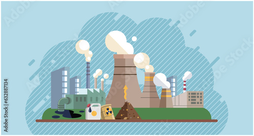 Industries that create pollution and cities that affected by pollution. Metaphor climate change, global warming and water crisis. Save the planet symbols. Environmental problem. Fire and oil pollution