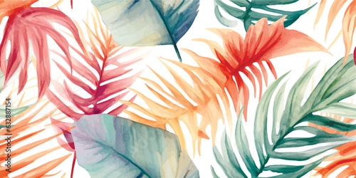 Beautiful autotraced vector seamless pattern with hand drawn watercolor colorful tropical palm leaves. Wallpapper textile fabric design.