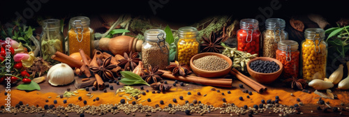 Spices and herbs panoramic background. various seasonings are scattered on table. Spices and herbs for cooking. Generative Ai