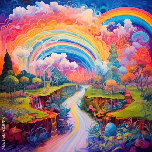 A colorful painting with the colors of the rainbow, river rainbow and trees
