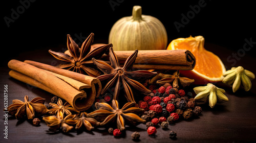 Fototapeta Naklejka Na Ścianę i Meble -  Traditional spices anise, star anise. Ingredients for cooking many dishes. Spices and herbs for cooking. Generative Ai