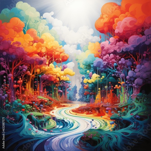 A colorful painting with the colors of the rainbow  river and tree